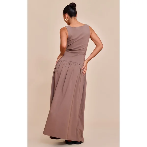 Taupe Robe Maxi Taille Basse En Tissu Stretch Avec Détails Froncés