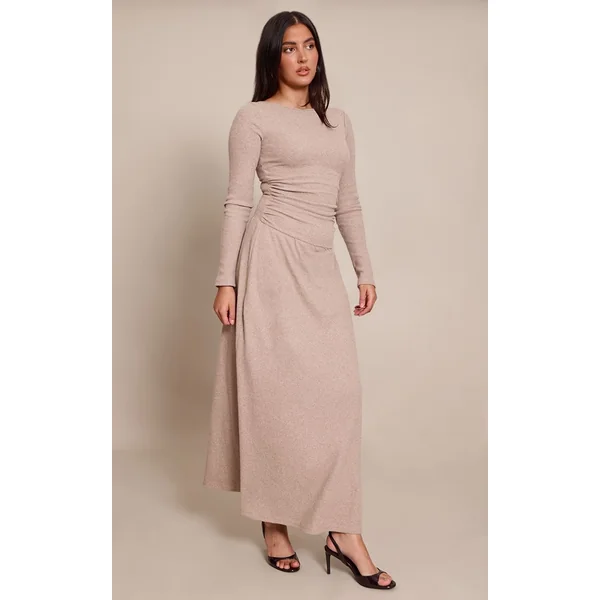 Taupe Robe Maxi À Manches Longues Avec Ourlet Asymétrique