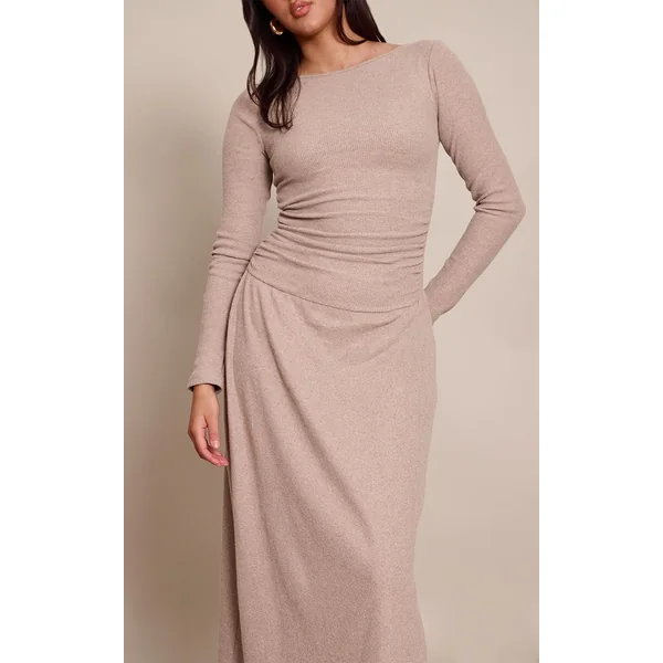 Taupe Robe Maxi À Manches Longues Avec Ourlet Asymétrique