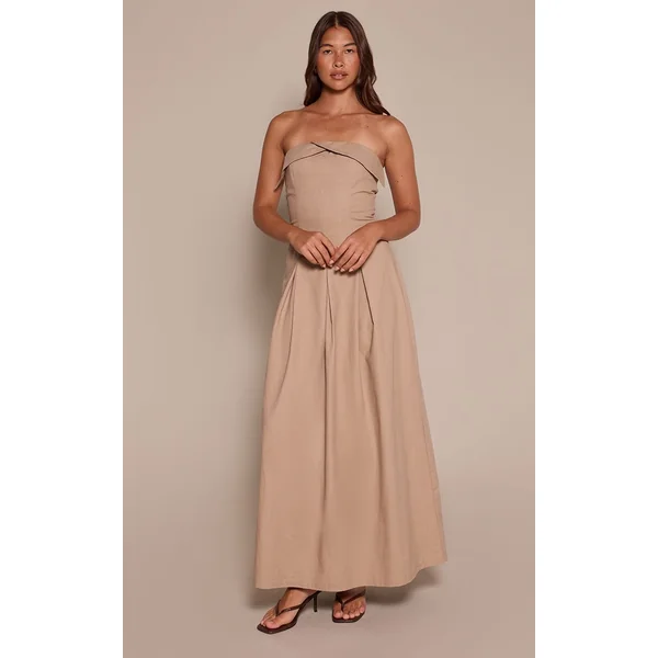 Taupe Robe Mi-longue Plissée À Bustier