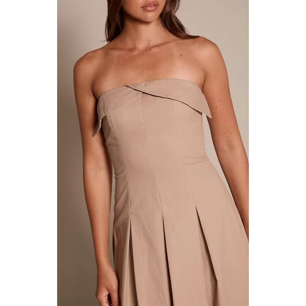 Taupe Robe Mi-longue Plissée À Bustier