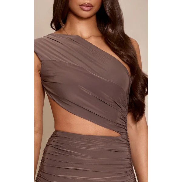Taupe Robe Mini Froncée Asymétrique À Double Couche