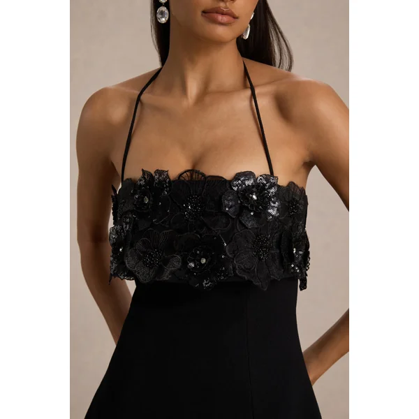 Tempest | Mini-robe noire à encolure américaine avec panneau orné
