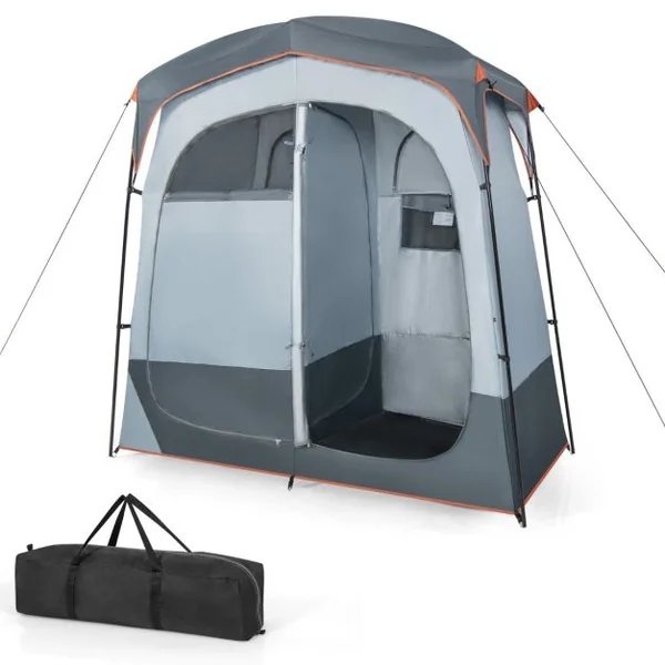 Tente Cabine de Douche Portable 2 Personnes en 2 Parties avec Bâche de Pluie Amovible Corde à Linge Crochet 210x107x210 cm Gris