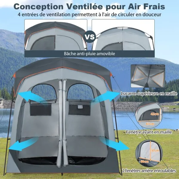Tente Cabine de Douche Portable 2 Personnes en 2 Parties avec Bâche de Pluie Amovible Corde à Linge Crochet 210x107x210 cm Gris