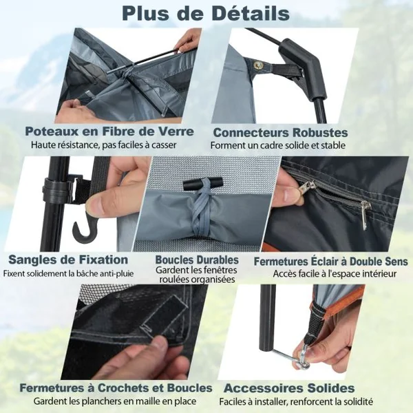 Tente Cabine de Douche Portable 2 Personnes en 2 Parties avec Bâche de Pluie Amovible Corde à Linge Crochet 210x107x210 cm Gris
