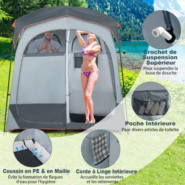 Tente Cabine de Douche Portable 2 Personnes en 2 Parties avec Bâche de Pluie Amovible Corde à Linge Crochet 210x107x210 cm Gris