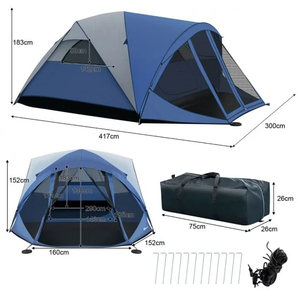 Tente de Camping Dôme pour 6 Personnes Imperméable Ventilisation Coup-Vent avec Sac de Transport 417 x 300 x 182cm
