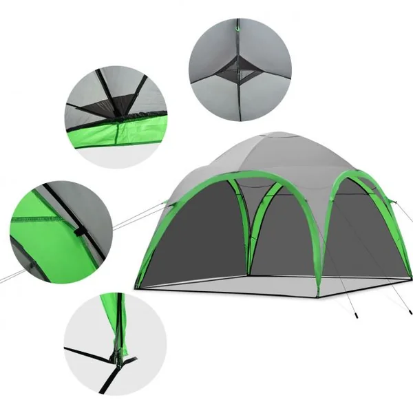 Tente de Camping Familiale Pavillon de Jardin pour 3 à 4 personnes 320*320*250 cm avec parois amovibles gris / vert