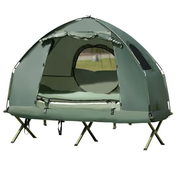 Tente de Camping Surélevée 1 Personne avec Matelas Pneumatique Imperméable Oreiller et Sac de Couchage 193x87x160cm