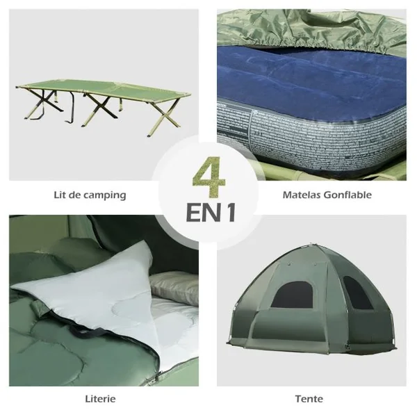 Tente de Camping Surélevée 1 Personne avec Matelas Pneumatique Imperméable Oreiller et Sac de Couchage 193x87x160cm