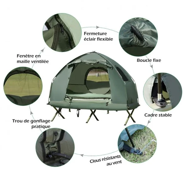 Tente de Camping Surélevée 1 Personne avec Matelas Pneumatique Imperméable Oreiller et Sac de Couchage 193x87x160cm