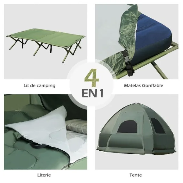 Tente de Camping Surélevée 2 Places avec Matelas Pneumatique Imperméable 2 Oreillers 2 Sacs de Couchage193x145x180cm
