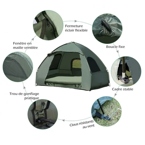 Tente de Camping Surélevée 2 Places avec Matelas Pneumatique Imperméable 2 Oreillers 2 Sacs de Couchage193x145x180cm