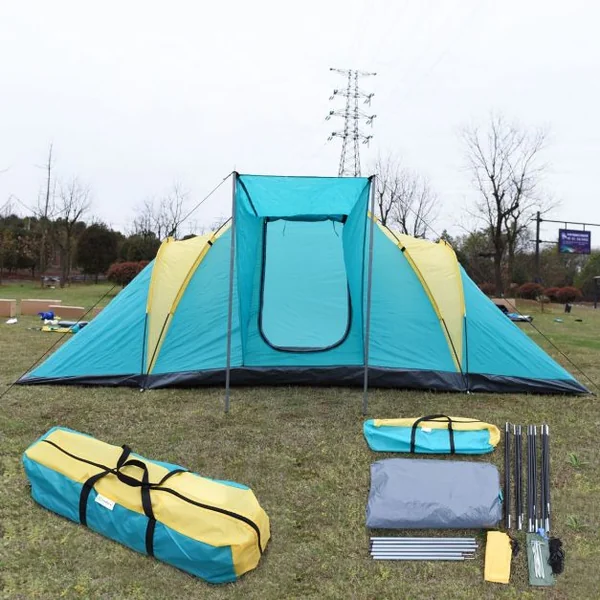 Tente de camping tunnel Tente familiale, moustiquaire, sac de transport, 790+210+90x210x120/160 cm, Bleu et jaune