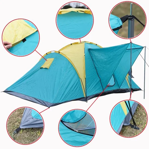 Tente de camping tunnel Tente familiale, moustiquaire, sac de transport, 790+210+90x210x120/160 cm, Bleu et jaune