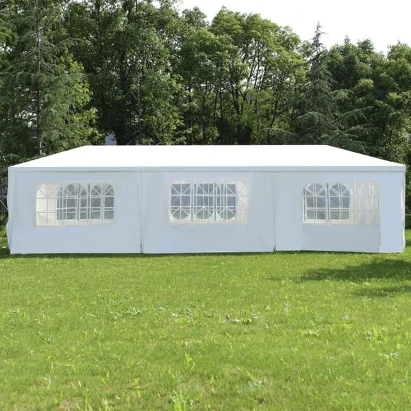 Tente de jardin Tonnelle Tente de fête Tente de réception avec fenêtres, Pliable, en PP-PE-acier, 300x900x250cm, Blanc