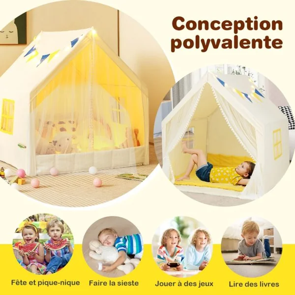Tente de Jeu Enfants avec Lumières d'Étoiles Tapis en Coton Lavable Cadeau pour Garçons et Filles 122 x 105 x 125 CM Beige