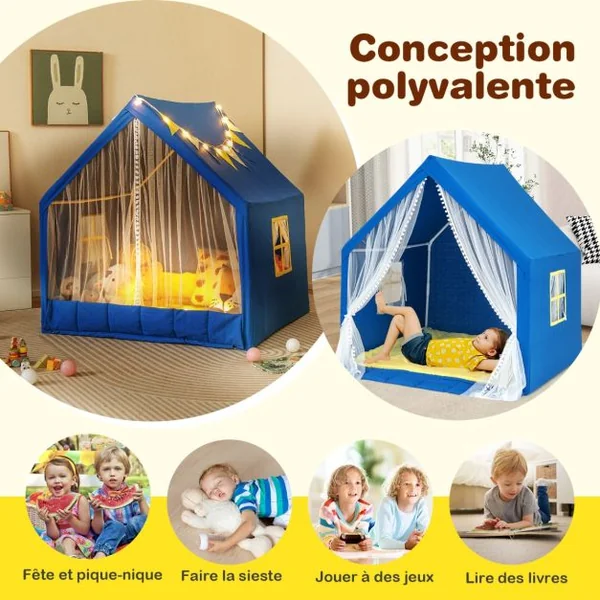 Tente de Jeu Enfants avec Lumières d'Étoiles Tapis en Coton Lavable Cadeau pour Garçons et Filles 122 x 105 x 125 CM Bleu