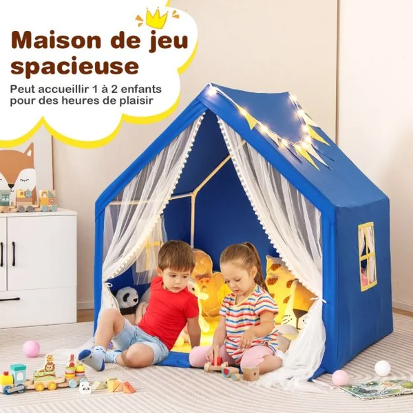 Tente de Jeu Enfants avec Lumières d'Étoiles Tapis en Coton Lavable Cadeau pour Garçons et Filles 122 x 105 x 125 CM Bleu
