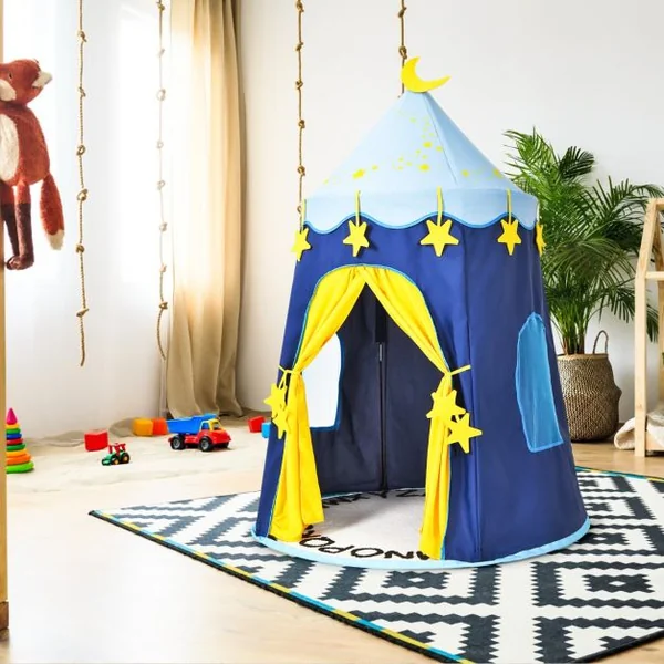 Tente de Jeu Portable Enfants 3 Ans + Sac de Transport en Tissu Oxford Épais Motif de Fleurs Intérieur et Extérieur Bleu