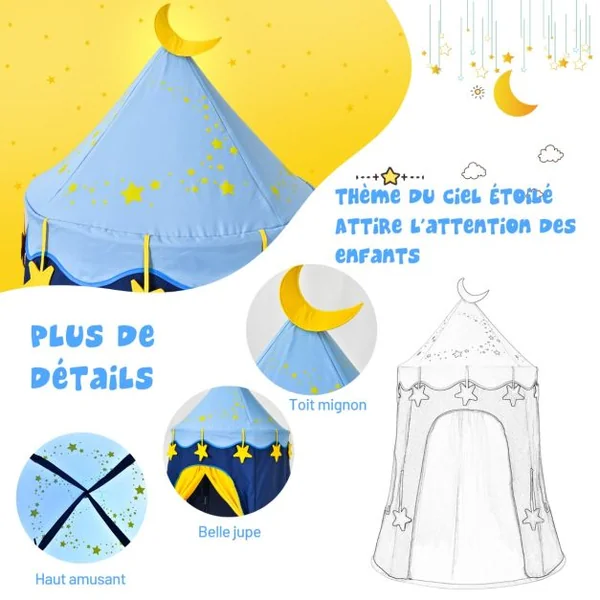 Tente de Jeu Portable Enfants 3 Ans + Sac de Transport en Tissu Oxford Épais Motif de Fleurs Intérieur et Extérieur Bleu