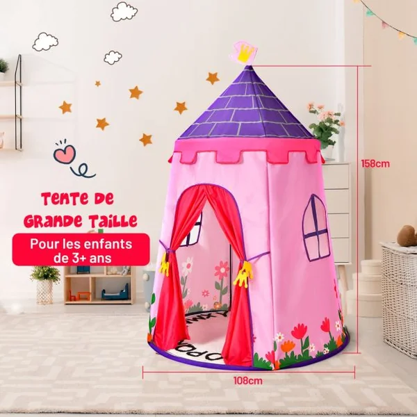 Tente de Jeu Portable Enfants 3 Ans + Sac de Transport en Tissu Oxford Épais Motif de Fleurs Intérieur et Extérieur Rose