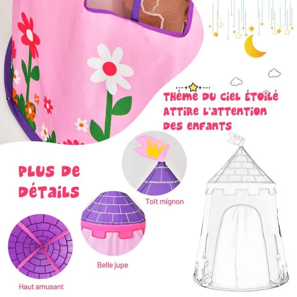 Tente de Jeu Portable Enfants 3 Ans + Sac de Transport en Tissu Oxford Épais Motif de Fleurs Intérieur et Extérieur Rose