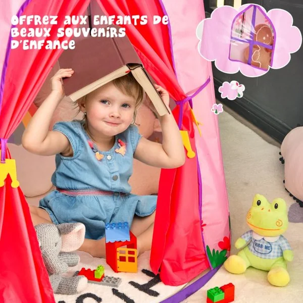 Tente de Jeu Portable Enfants 3 Ans + Sac de Transport en Tissu Oxford Épais Motif de Fleurs Intérieur et Extérieur Rose