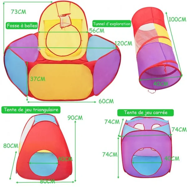Tente de Jeu pour Enfant de + 18 Mois avec Tunnel 7 Pièces Piscine et Panier de Basket Forme Variable Multicolore