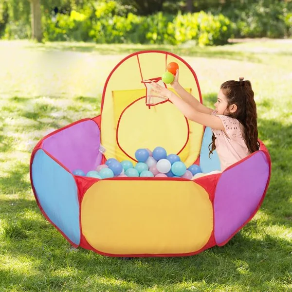Tente de Jeu pour Enfant de + 18 Mois avec Tunnel 7 Pièces Piscine et Panier de Basket Forme Variable Multicolore