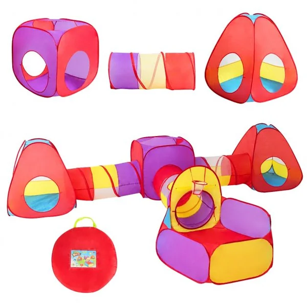 Tente de Jeu pour Enfant de + 18 Mois avec Tunnel 7 Pièces Piscine et Panier de Basket Forme Variable Multicolore