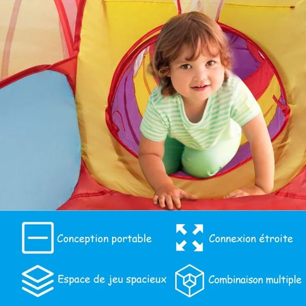 Tente de Jeu pour Enfant de + 18 Mois avec Tunnel 7 Pièces Piscine et Panier de Basket Forme Variable Multicolore
