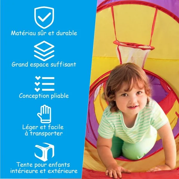 Tente de Jeu pour Enfant de + 18 Mois avec Tunnel 7 Pièces Piscine et Panier de Basket Forme Variable Multicolore