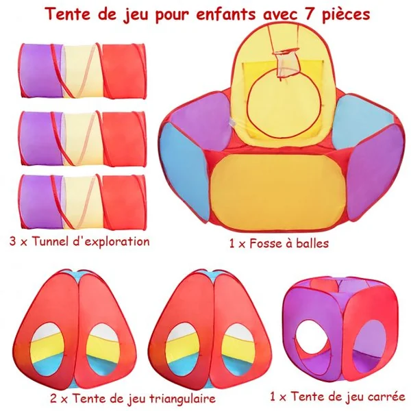 Tente de Jeu pour Enfant de + 18 Mois avec Tunnel 7 Pièces Piscine et Panier de Basket Forme Variable Multicolore