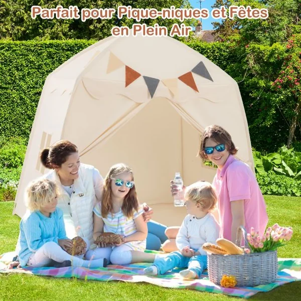 Tente de Jeu pour Enfants de 3 à 12 Ans Tente de Lit pour Tout-Petits avec Drapeaux et Guirlandes Lumineuses Lavable en Machine Beige/Café/Rose