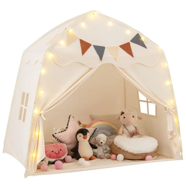 Tente de Jeu pour Enfants de 3 à 12 Ans Tente de Lit pour Tout-Petits avec Drapeaux et Guirlandes Lumineuses Lavable en Machine Beige/Café/Rose