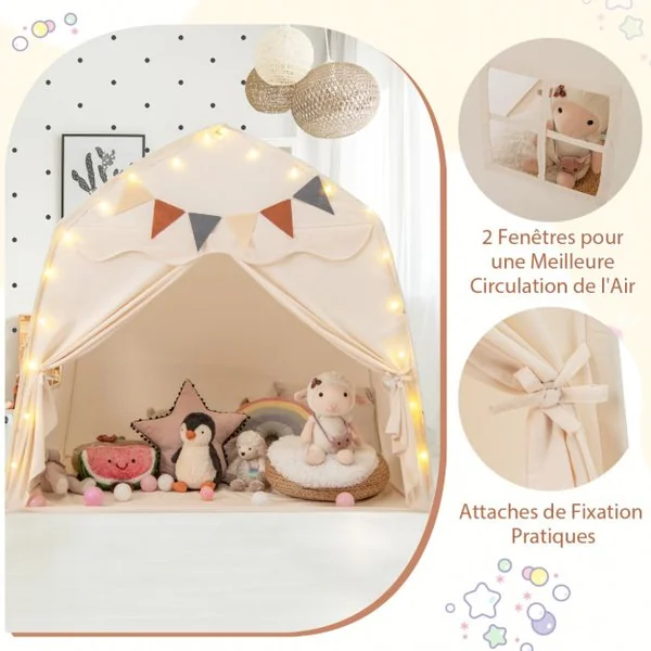 Tente de Jeu pour Enfants de 3 à 12 Ans Tente de Lit pour Tout-Petits avec Drapeaux et Guirlandes Lumineuses Lavable en Machine Beige/Café/Rose