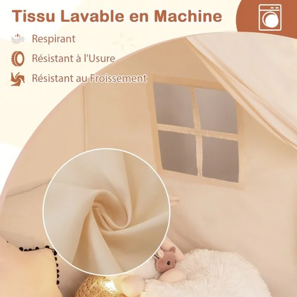 Tente de Jeu pour Enfants de 3 à 12 Ans Tente de Lit pour Tout-Petits avec Drapeaux et Guirlandes Lumineuses Lavable en Machine Beige/Café/Rose