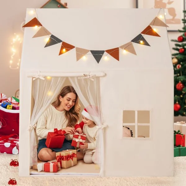 Tente de Jeu pour Enfants Tente avec Tapis Antidérapant Rembourré Drapeaux Guirlandes Lumineuses Fenêtres pour 3-14 Ans Beige