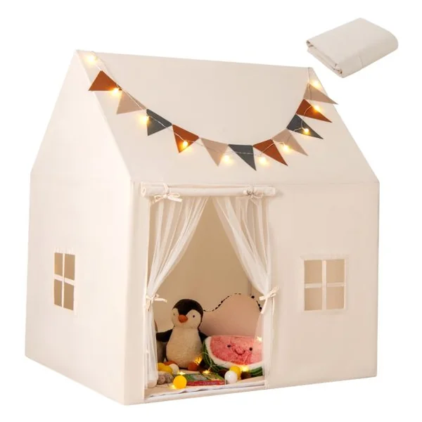 Tente de Jeu pour Enfants Tente avec Tapis Antidérapant Rembourré Drapeaux Guirlandes Lumineuses Fenêtres pour 3-14 Ans Beige