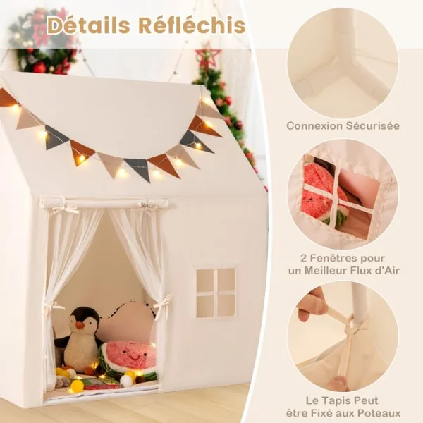 Tente de Jeu pour Enfants Tente avec Tapis Antidérapant Rembourré Drapeaux Guirlandes Lumineuses Fenêtres pour 3-14 Ans Beige