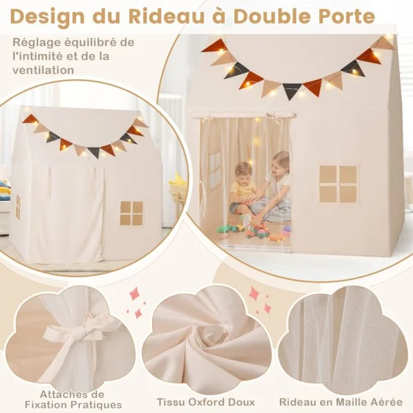 Tente de Jeu pour Enfants Tente avec Tapis Antidérapant Rembourré Drapeaux Guirlandes Lumineuses Fenêtres pour 3-14 Ans Beige