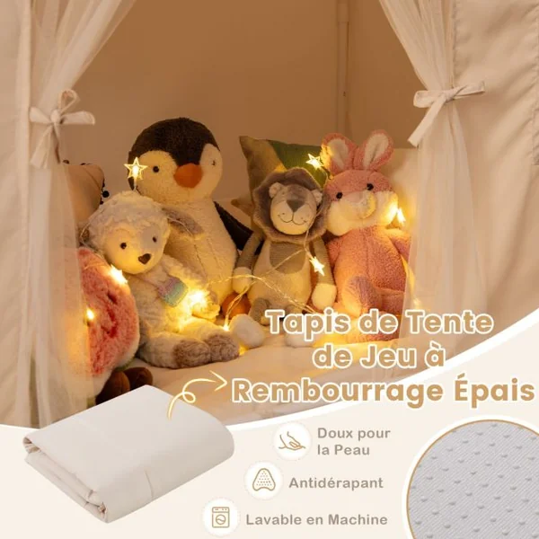 Tente de Jeu pour Enfants Tente avec Tapis Antidérapant Rembourré Drapeaux Guirlandes Lumineuses Fenêtres pour 3-14 Ans Beige