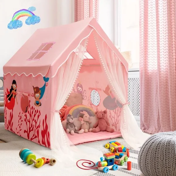 Tente de Jeux pour Enfants Intérieur Cabane avec Fenêtres en Maille Respirante pour Enfants plus de 1 Ans Bleu/Rose