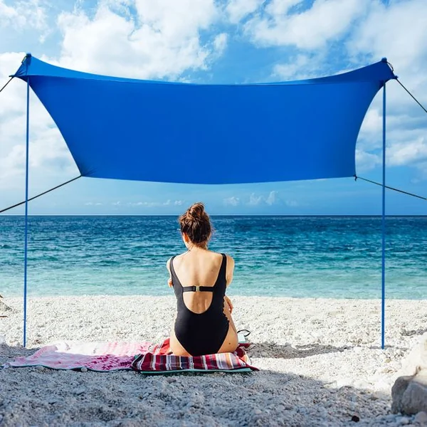 Tente de Plage avec Sac de Transport et 4 Sacs de Sable Grand Abri Solaire en Lycra pour la Plage le Camping et la Pêche upf 50+ Bleu