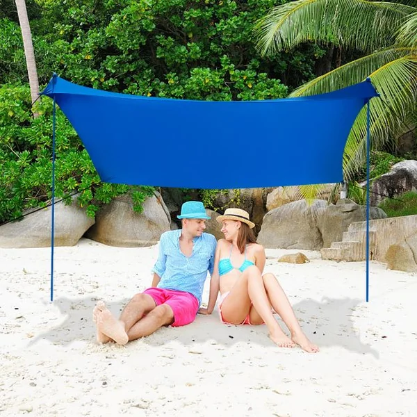 Tente de Plage avec Sac de Transport et 4 Sacs de Sable Grand Abri Solaire en Lycra pour la Plage le Camping et la Pêche upf 50+ Bleu