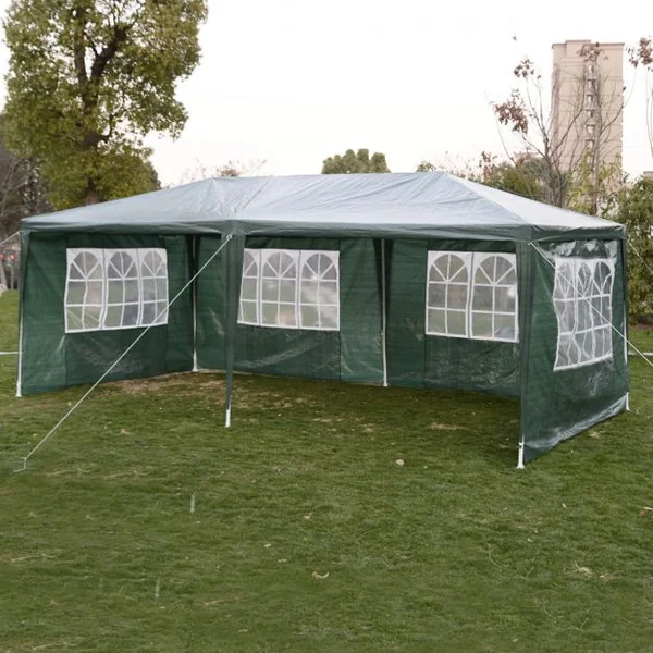 Tente de réception avec fenêtres Tonnelle à côtés démontables Structure acier Toile PE Piquets de sol, 3x6x2.5m, Vert