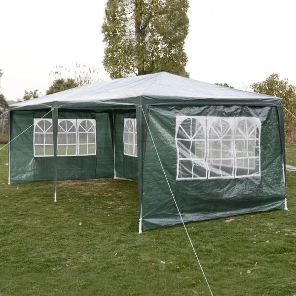Tente de réception avec fenêtres Tonnelle à côtés démontables Structure acier Toile PE Piquets de sol, 3x6x2.5m, Vert