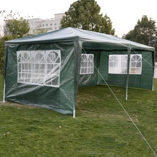 Tente de réception avec fenêtres Tonnelle à côtés démontables Structure acier Toile PE Piquets de sol, 3x6x2.5m, Vert